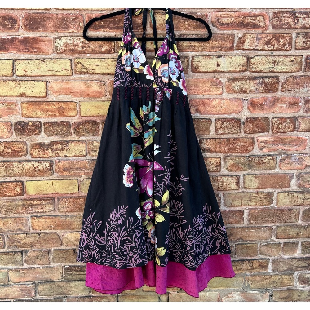 Aryeh Floral Layered Halter Dress w/Embroidered Accents Size M
